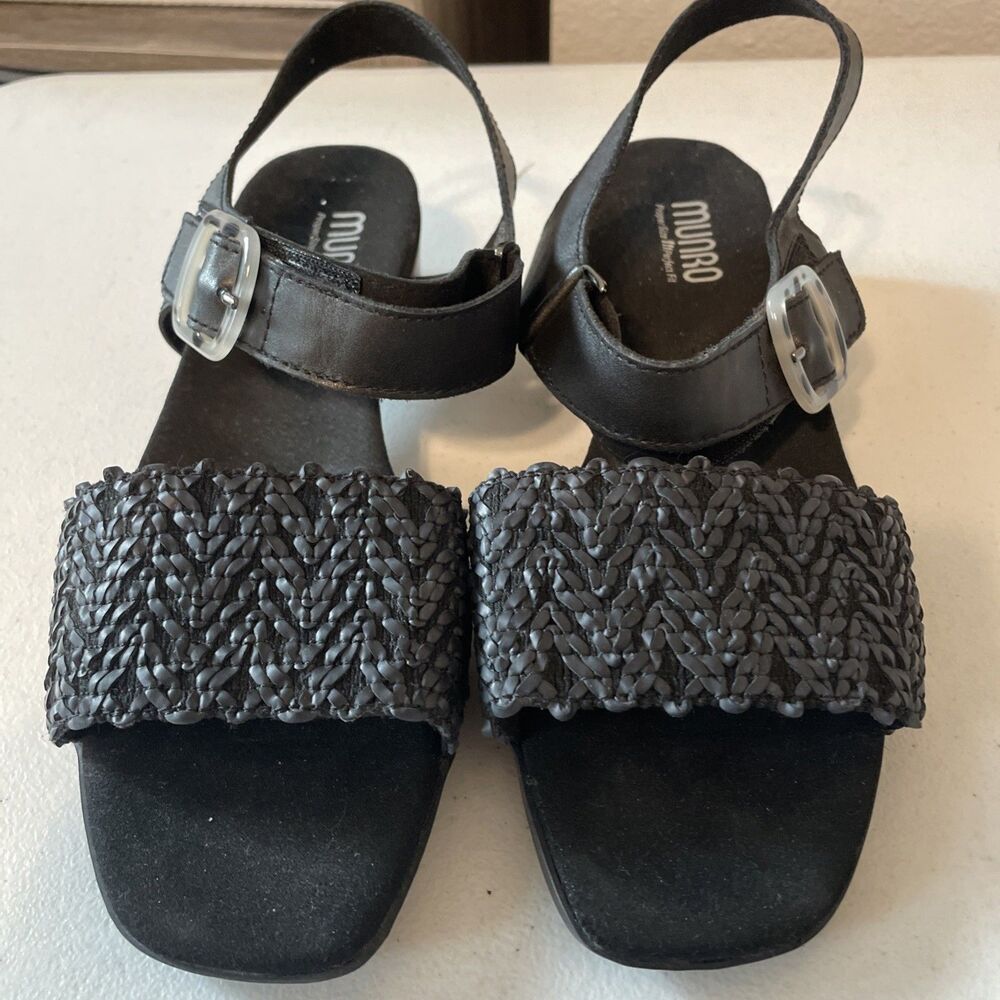 MUNRO AMERICAN Morocco Black Woven Sandals Sz 10 W Sling Back Made In USA